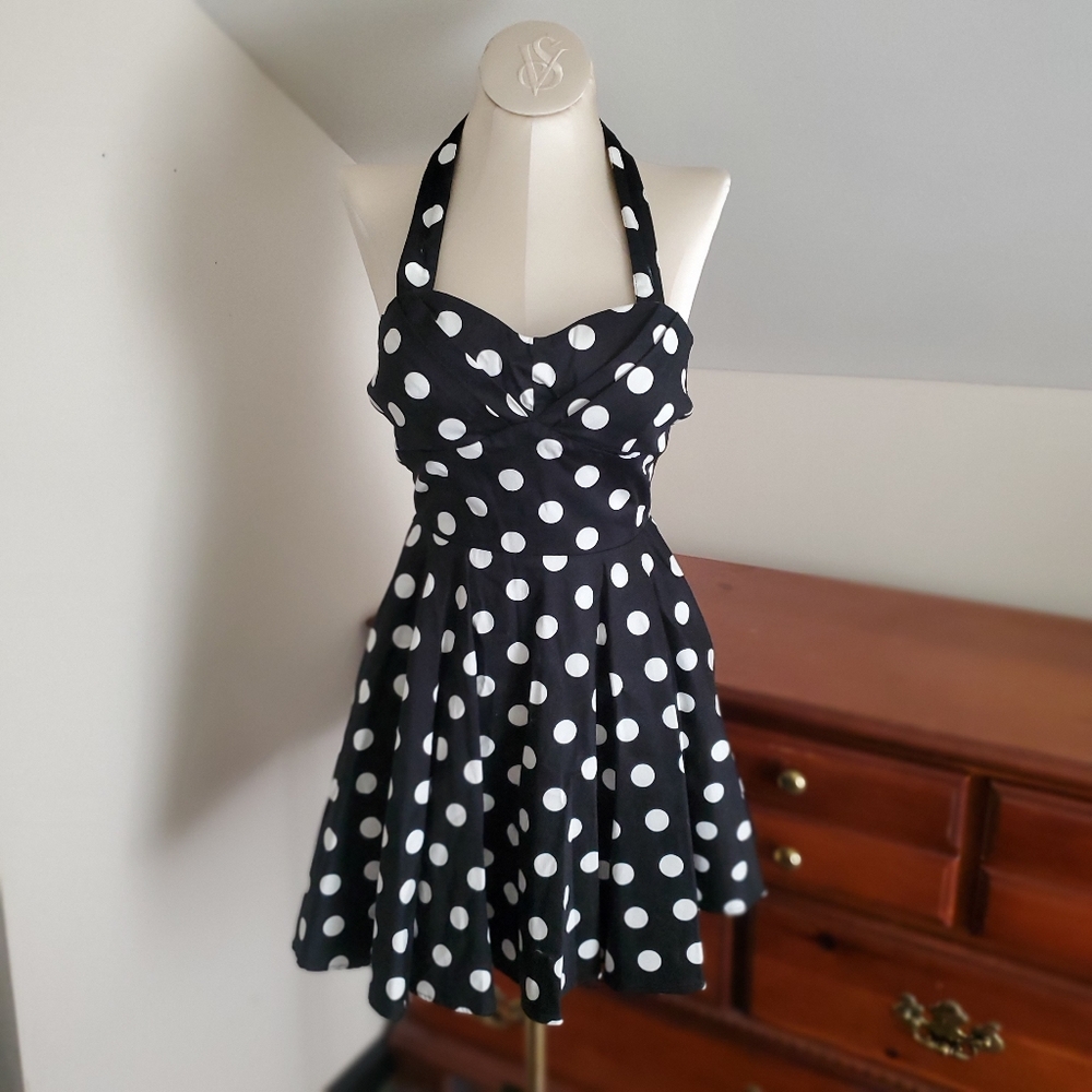 Modcloth Black & White Polka Dot Halter Swing Dress IXIA